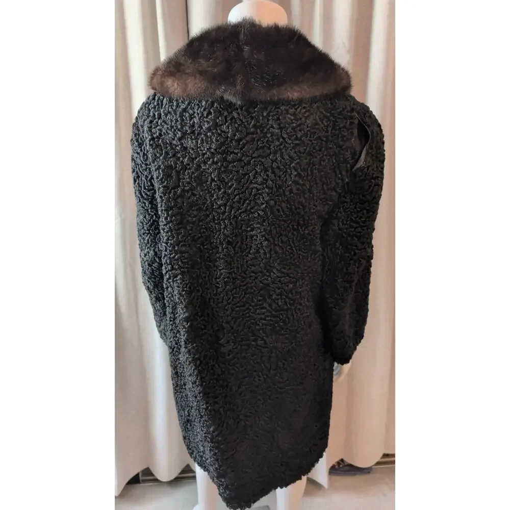 Vintage Black Curly Persian Lamb Long Jacket Coat Mink Collar 1960s FLAWS Size L